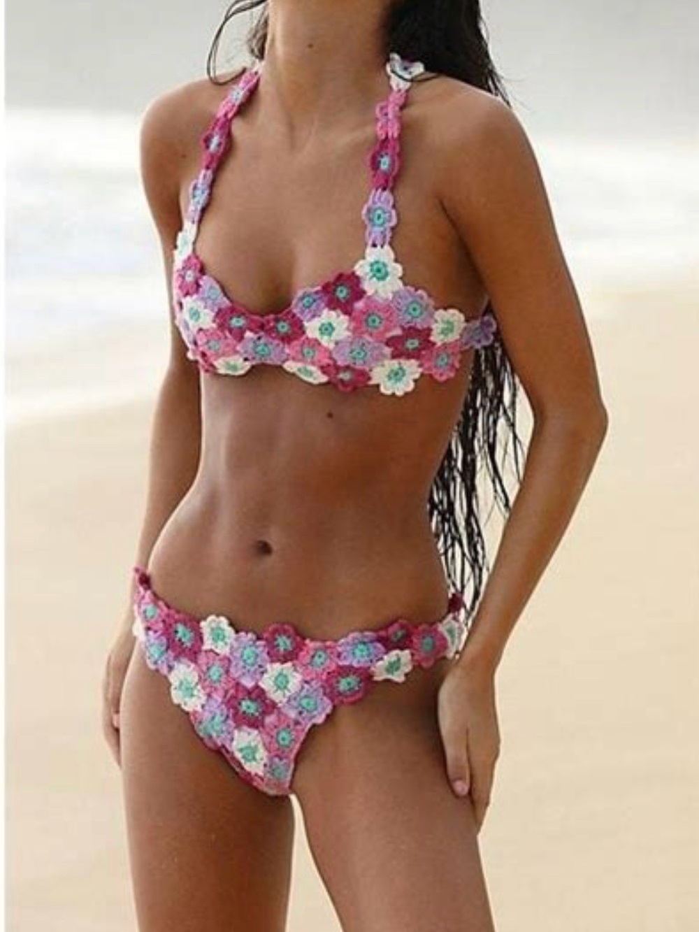 Beach Riot Pink Multicolor Crochet Floral Bikini top festival/beach nwt